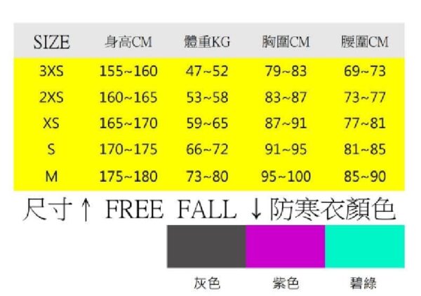 Freefall 尺寸表